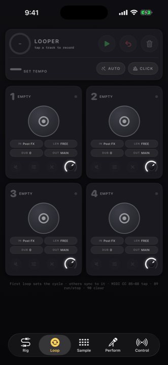 The Loop tab: four synced loop tracks