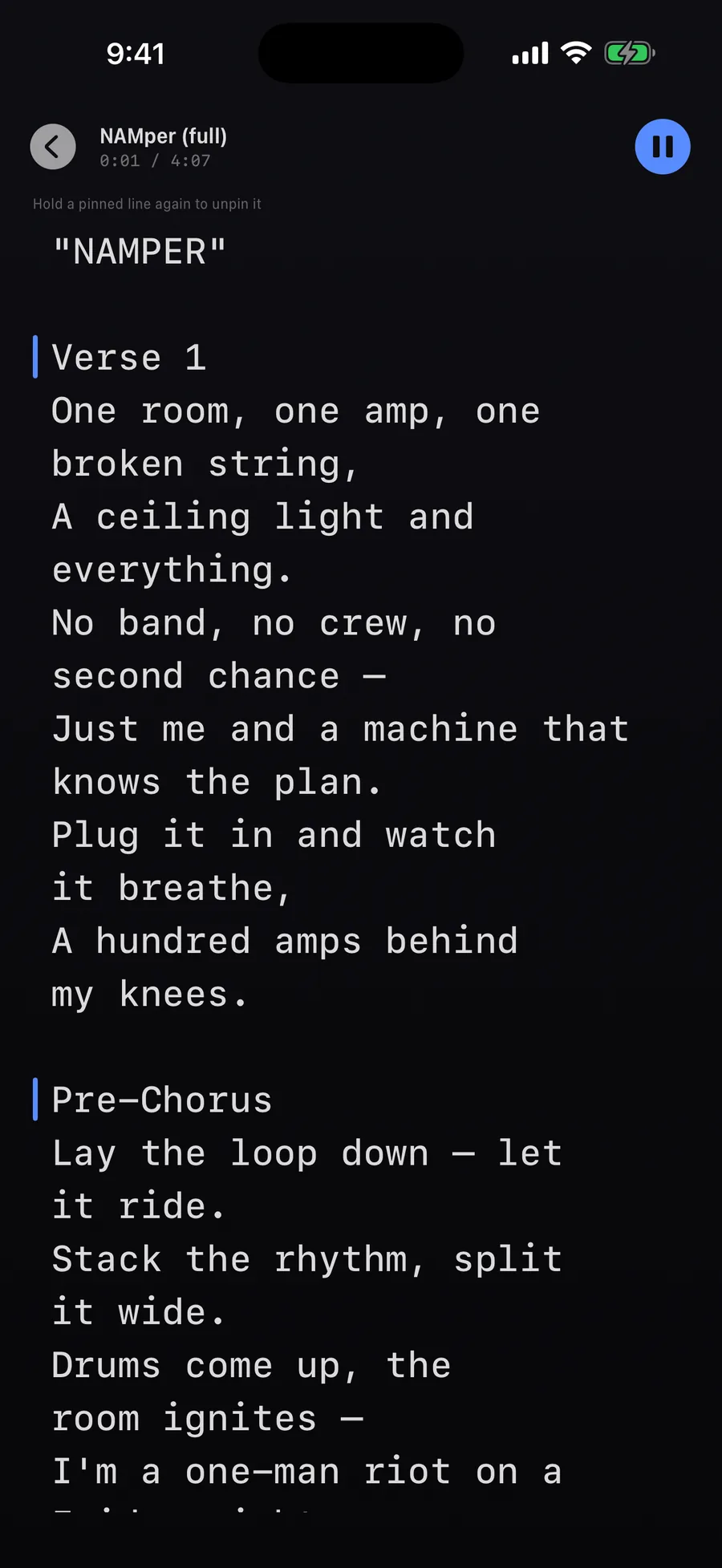 Song lyrics scrolling in the teleprompter