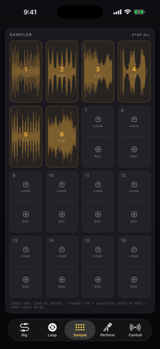 The Sample tab: 16 sampler pads
