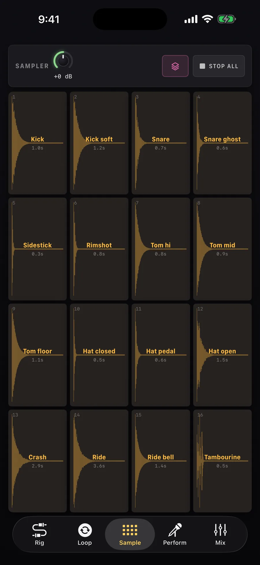 The Sample tab: 16 sampler pads loaded with an acoustic drum kit