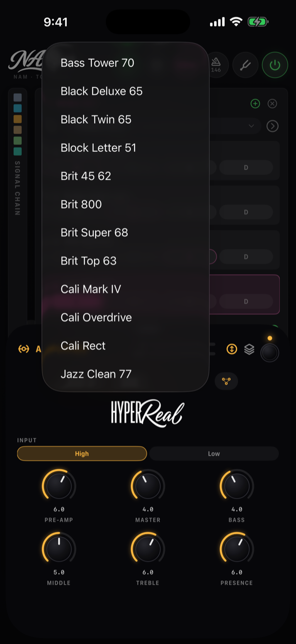 The amp chip's menu open over the Amplifier block, listing the HyperReal amps by name from Bass Tower 70 to Jazz Clean 77, the rest further down the list.