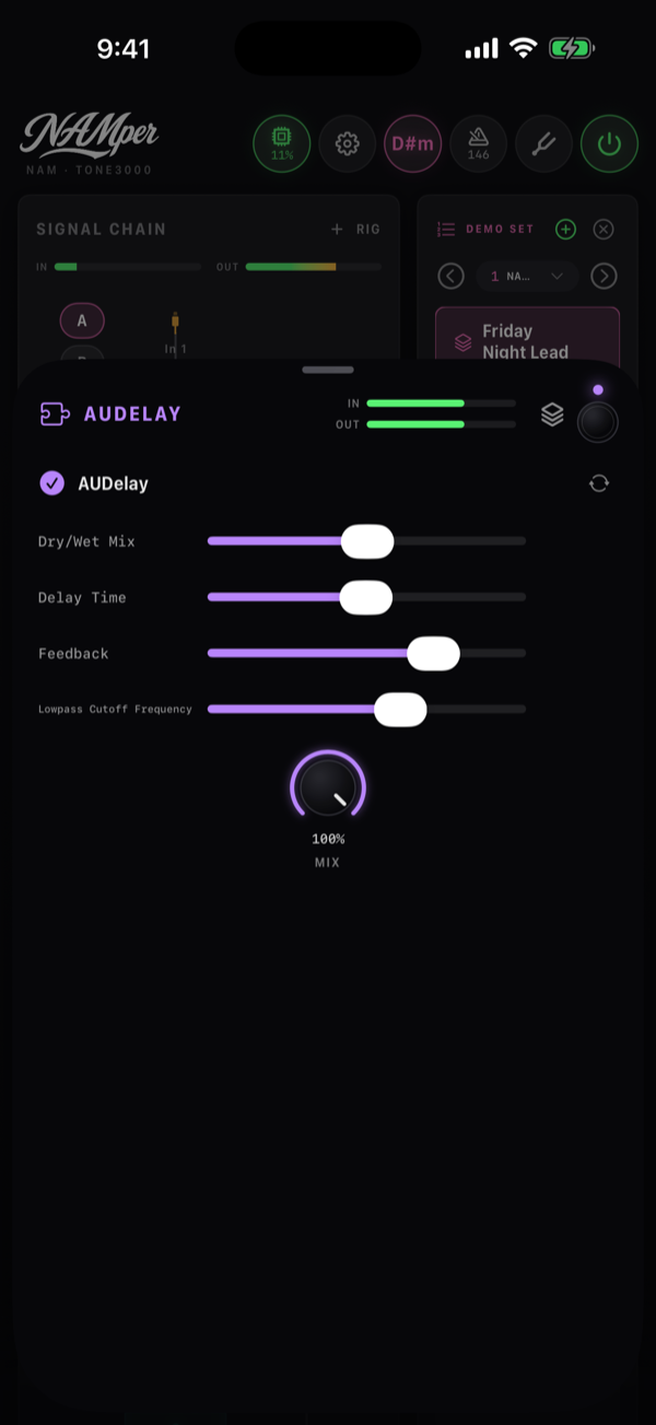 An Audio Unit plugin hosted inside a NAMper block: a status row with the plugin name at the top and a column of generic parameter sliders below.