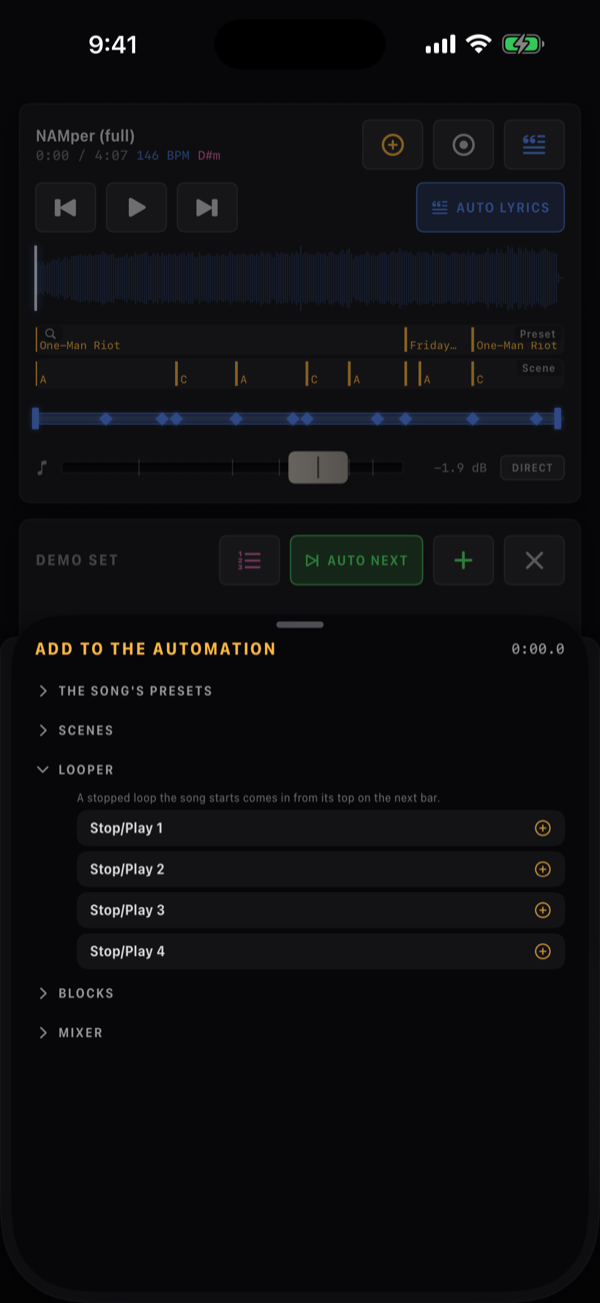 The ADD TO THE AUTOMATION sheet over the player card, the playhead at 0:00.0: the folded groups THE SONG'S PRESETS, SCENES, LOOPER, BLOCKS and MIXER, the Looper group open with its hint and Stop/Play 1 to 4, each with an add button.