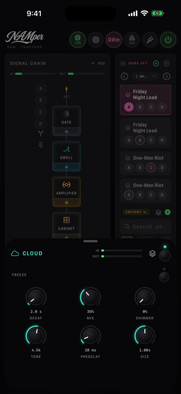 The Reverb block sheet on the Cloud type: the Shimmer knob with the Interval chips beside the Decay, Mix, Tone, Predelay and Size knobs and the Freeze switch.