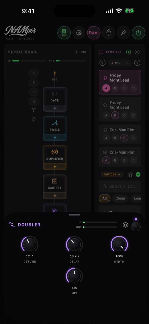 The Doubler block sheet: IN and OUT meters and the Detune, Delay, Width and Mix knobs.