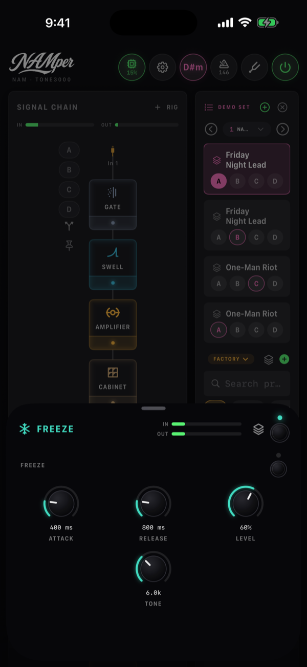 The Freeze block sheet: the Freeze switch above the Attack, Release, Level and Tone knobs.