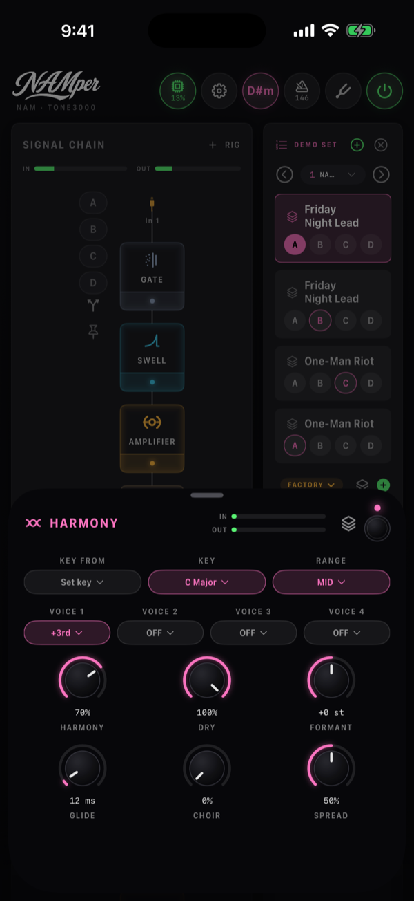 The Harmony block sheet: the Key from and key menus, the Range chips, the four voice menus, and the Harmony, Dry, Formant, Glide, Choir and Spread knobs.