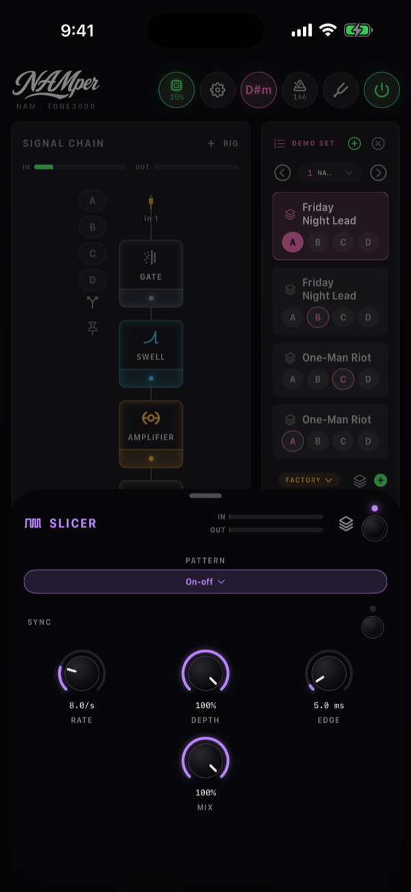 The Slicer block sheet: the Pattern menu, the Sync switch and the Rate, Depth and Edge knobs.