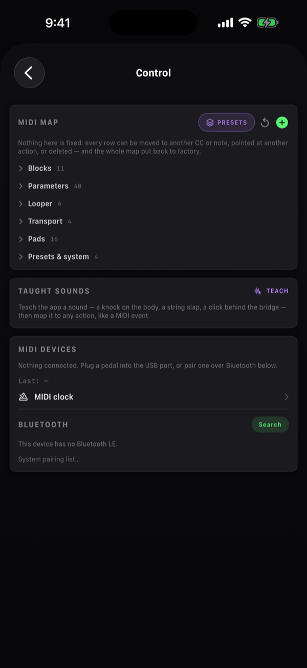 The Control page: the MIDI MAP card with its PRESETS chip and the folded groups Blocks, Parameters, Looper, Transport, Pads and Presets & system, each with its row count; the TAUGHT SOUNDS card with TEACH; the MIDI DEVICES card with the MIDI clock row and the BLUETOOTH search.