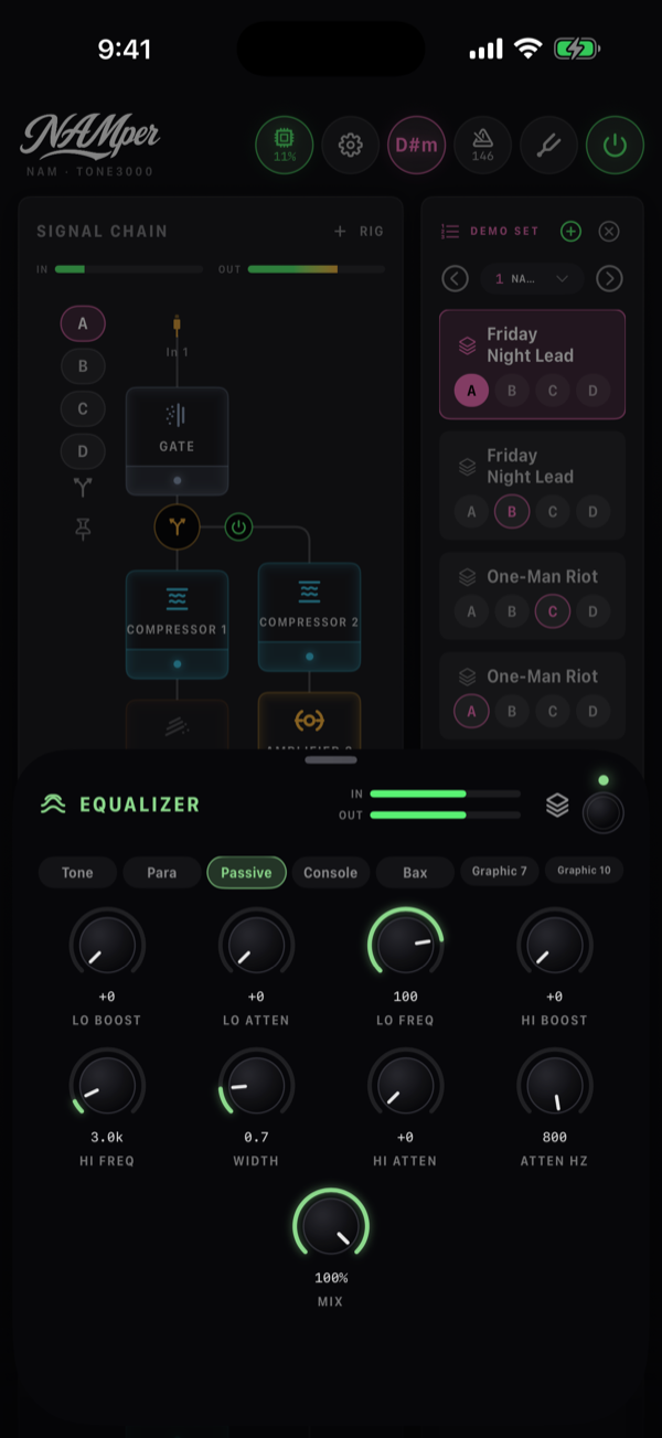 The Equalizer block sheet with the Passive model selected, showing its eight knobs: Lo Boost, Lo Atten, Lo Freq, Hi Boost, Hi Freq, Width, Hi Atten and Atten Hz, with IN and OUT meters at the top.