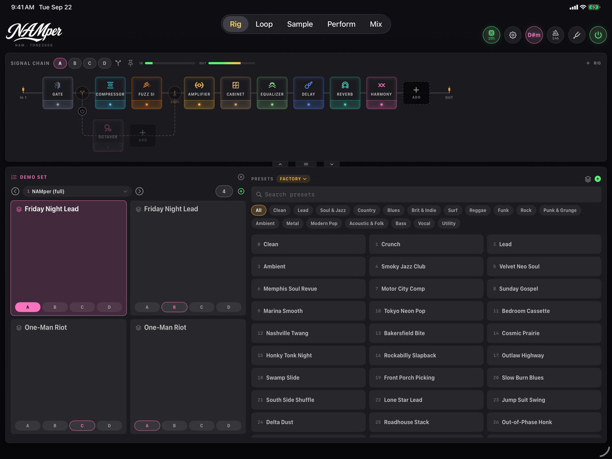 NAMper on iPad: the rig laid out edge to edge with the preset rail on the right