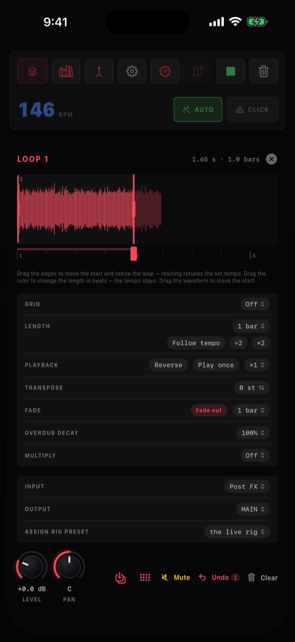 The loop editor sheet over the looper: a waveform with a bar and beat grid and a bar ruler under it, then one line per setting — GRID, LENGTH with Follow tempo, ÷2 and ×2, PLAYBACK with Reverse and Play once, TRANSPOSE, FADE, OVERDUB DECAY, MULTIPLY — then INPUT, OUTPUT and ASSIGN RIG PRESET, and at the foot the Level and Pan knobs and the library, sampler, Mute, Undo and Clear keys.
