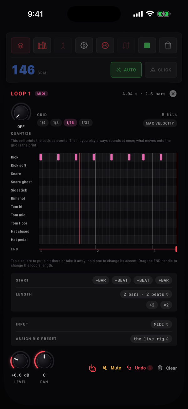 The editor of a MIDI loop cell: the LOOP 1 header with a pink MIDI badge, the Quantize knob, the GRID chips 1/4 to 1/32, the hit count and MAX VELOCITY, a roll with one row per sampler pad and eight hits on the first row, the ruler with the END handle under it, and the START and LENGTH rows.