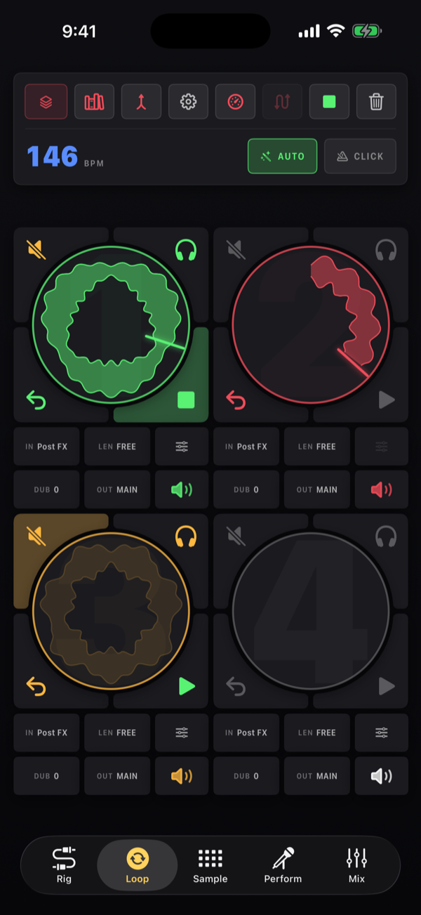 The Loop tab: the transport on top, a row of icon keys over the tempo, AUTO and CLICK; below it four loop cells, each a round pad in a square of four corner keys with its settings tiles and a speaker-shaped level key underneath; cell 1 playing with a green wave ring, cell 2 recording, cell 3 muted, cell 4 empty.