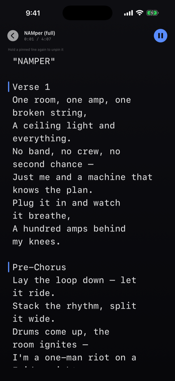 The full-screen lyrics teleprompter mid-song, showing the track name and the time readout at the top with a pause button, the scrolling verse text, and the hint line: Hold a line to pin it to the current moment.