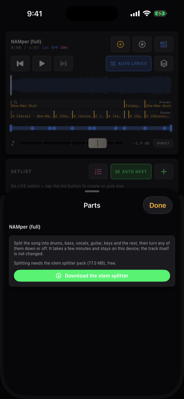 The Parts sheet over the Perform tab on a track not yet split: the track's name, a line saying what the split does, the pack's size, and the Download the stem splitter key.