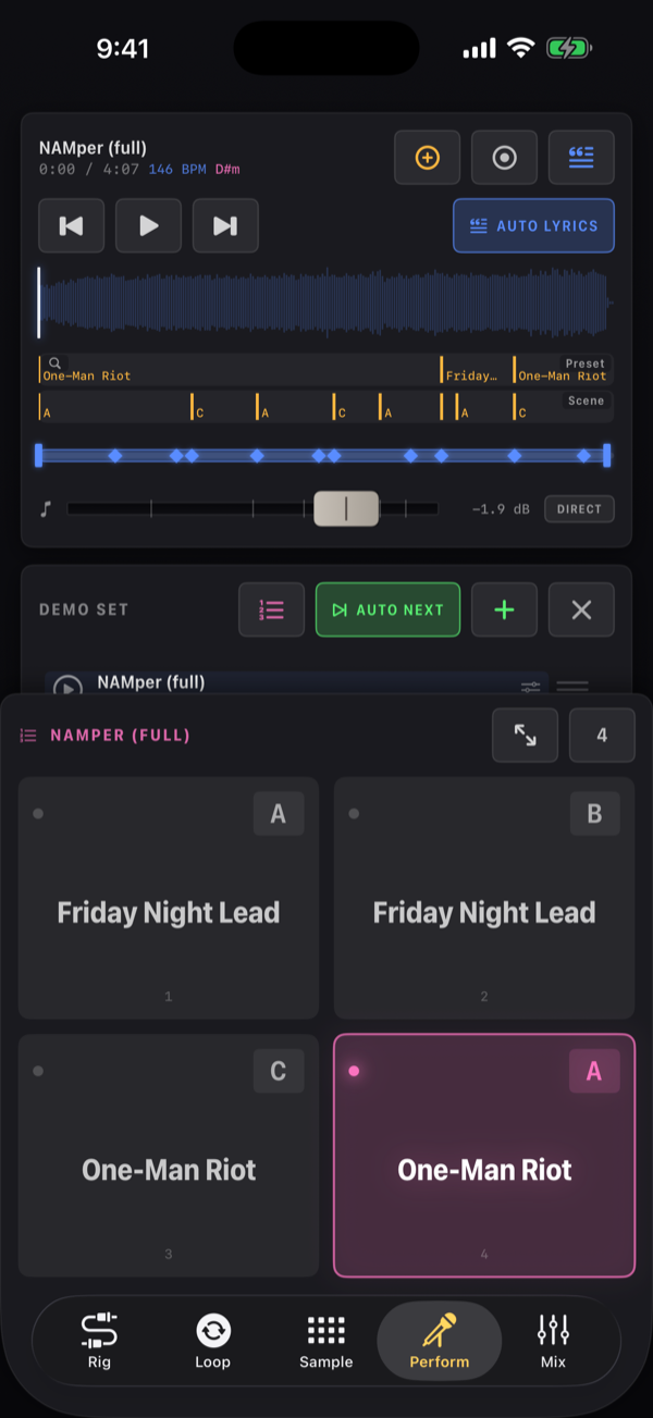 The Perform tab: the player card with NAMper (full) loaded at 146 BPM in D#m, the add, record and lyrics keys on its name row, the transport keys and AUTO LYRICS under it, the waveform, and under the waveform the song's Preset lane naming the presets it brings up and its Scene lane with the scene letters, the zoom magnifier at their top left, then the lyrics strip and the backing fader with the DIRECT chip; below it the DEMO SET card with AUTO NEXT on, and the song's stage buttons, the one that plays lit.
