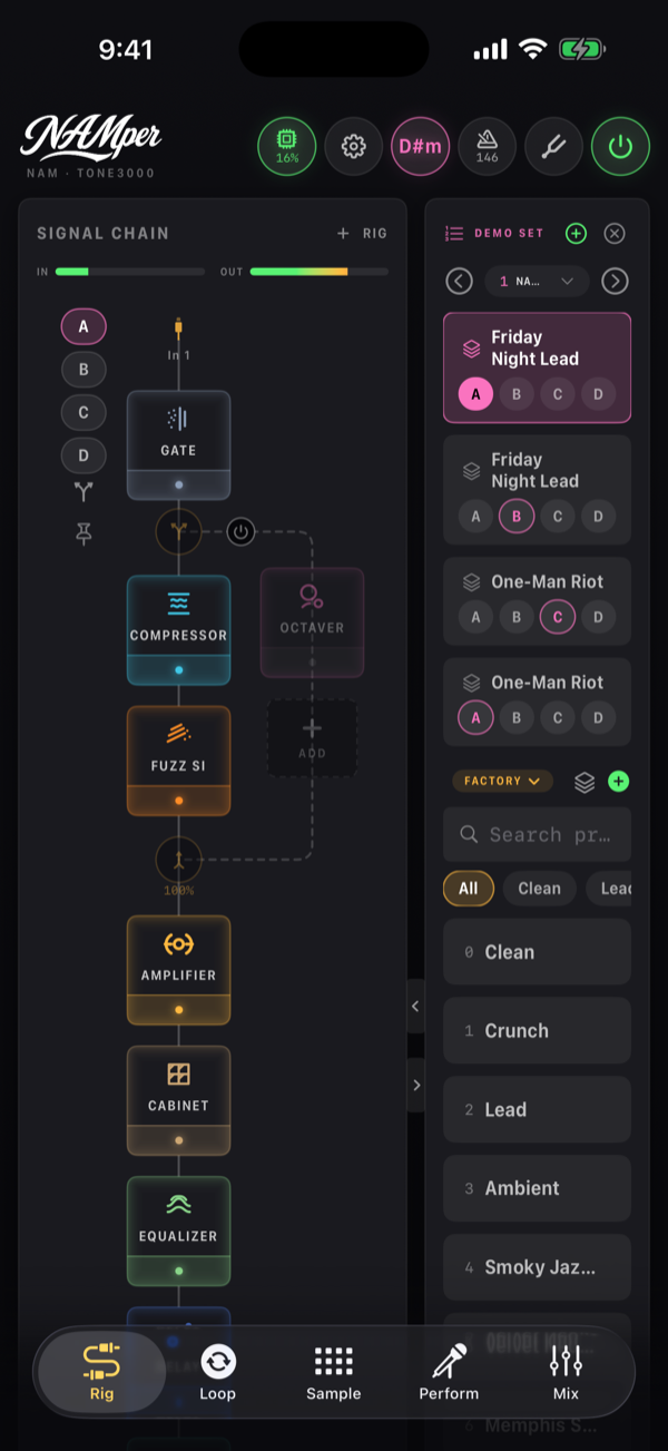 The Rig tab: the signal chain of blocks with its meters, and the preset rail beside it