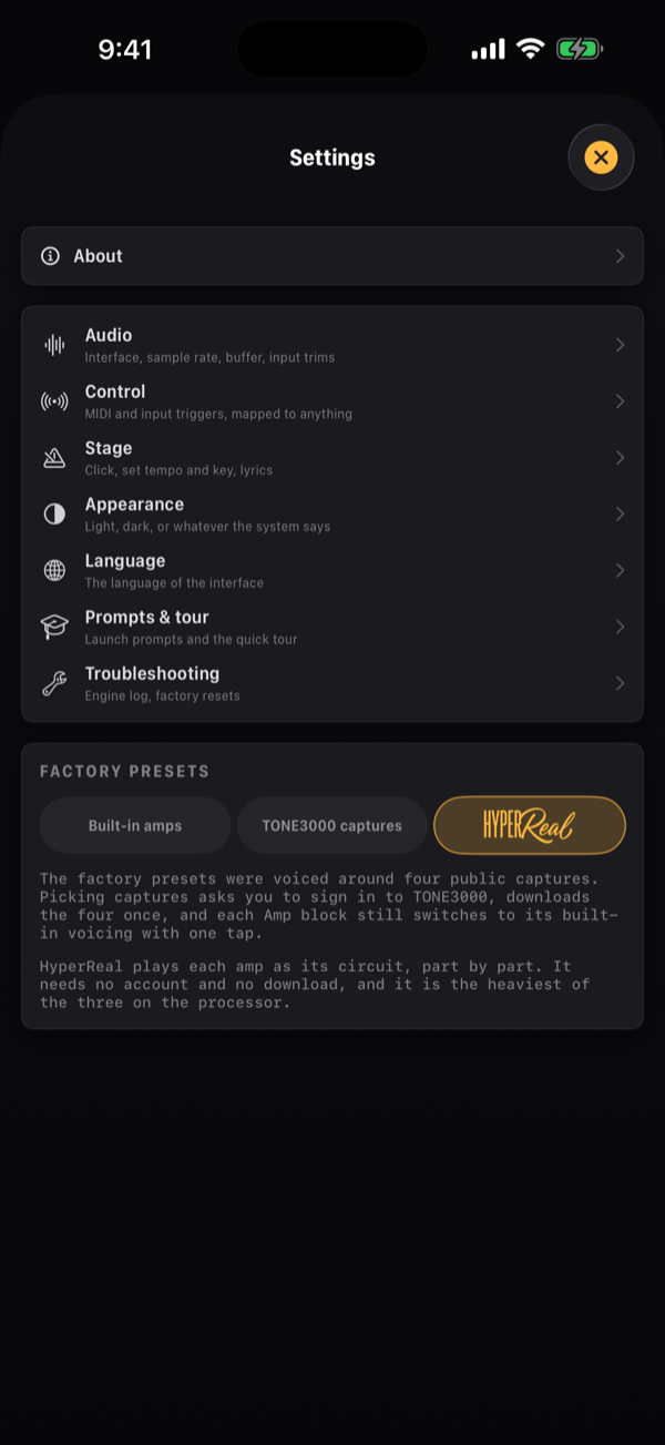 The Settings index: the About row, the pages from Audio to Troubleshooting, and the FACTORY PRESETS card with three chips, the HyperReal one picked.