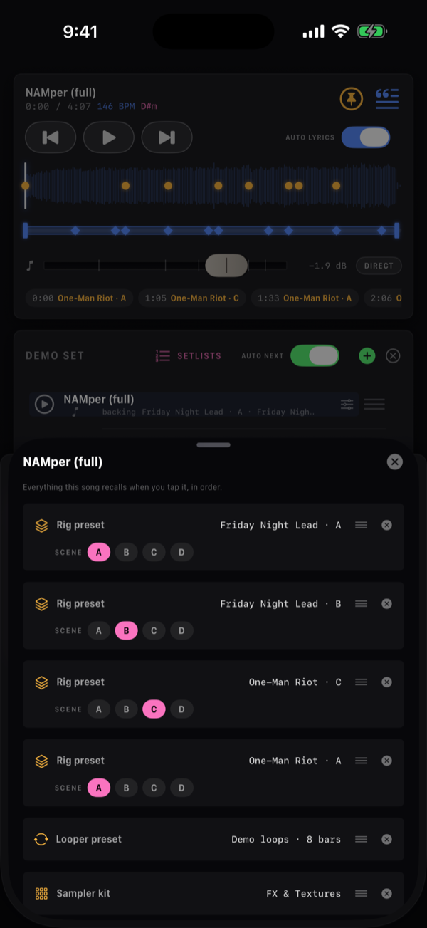 The song editor: the song's name and backing, then the list of what it recalls — rig presets each with its scene letters and a grip, a looper preset and a sampler kit.