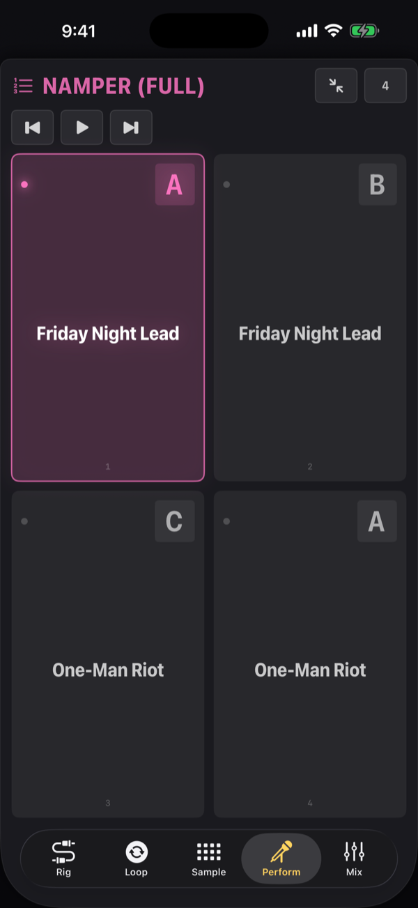 The stage buttons full screen: the song's name large at the top with the to-the-start, play and next-song keys beside it, and big buttons below, each naming a preset with its scene letter A, B or C.