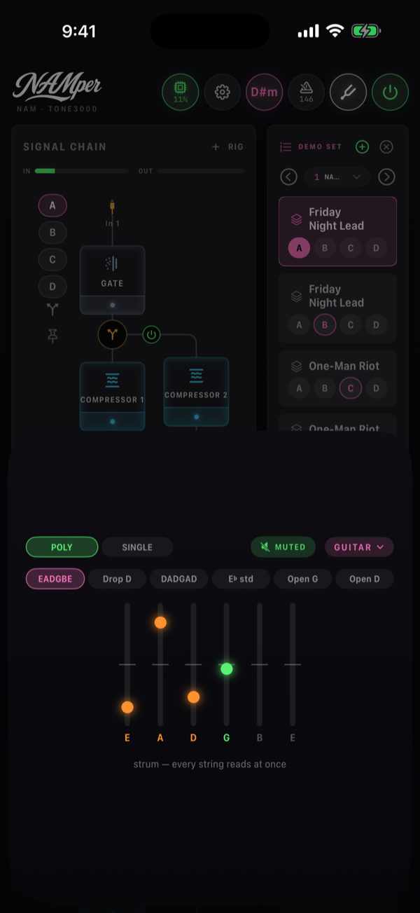 The tuner sheet in POLY mode: mode chips, a GUITAR badge, a row of tuning chips, and six vertical string meters with note names underneath.